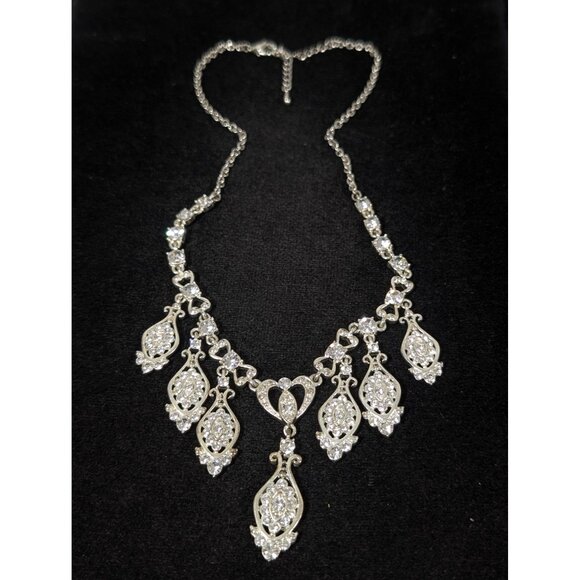 Elegant Silver Rhinestone Heart & Teardrop Dangle Necklace Art Deco 18" - Picture 2 of 10